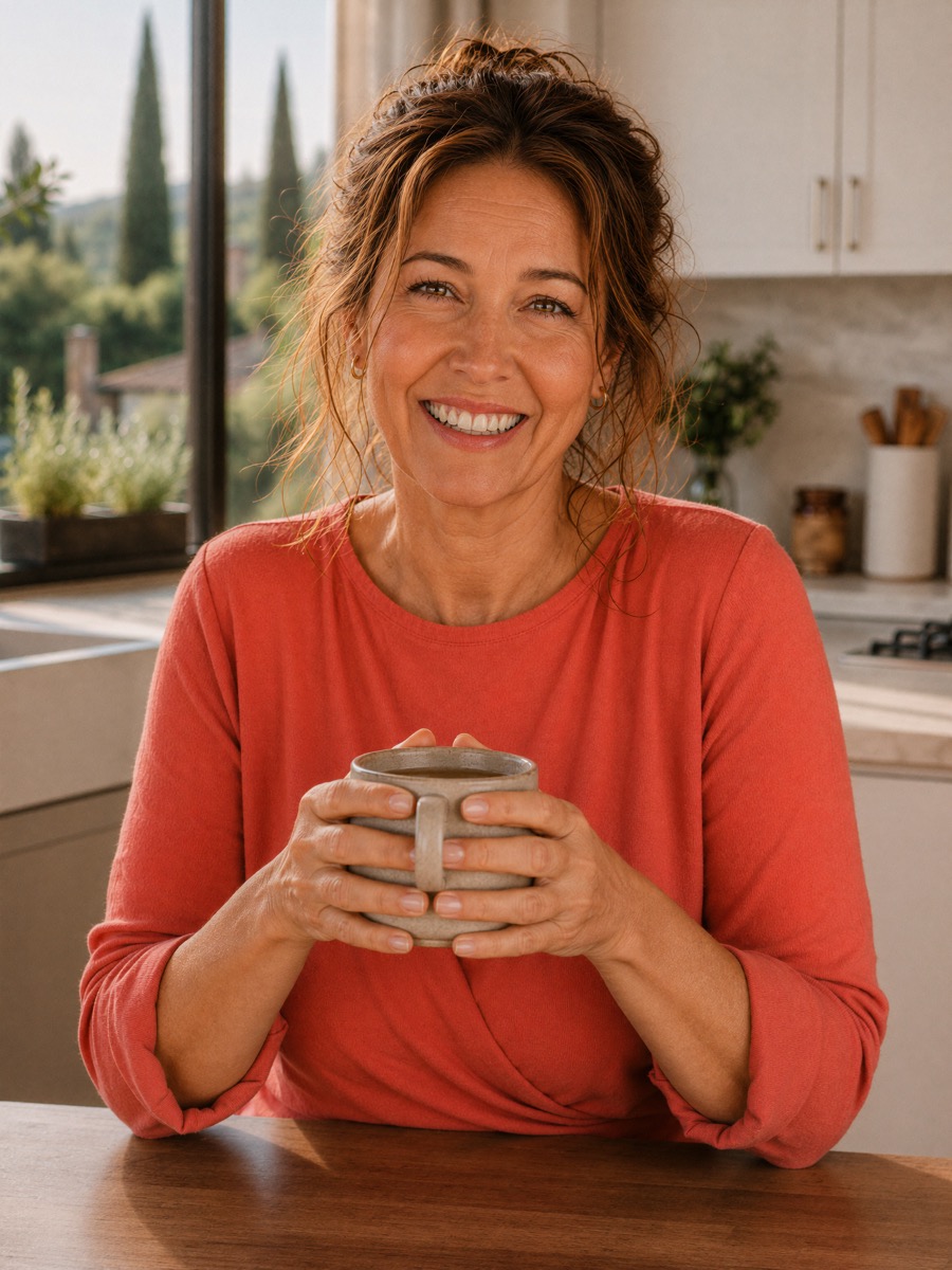 Carol at her kitchen table in Tuscany with a cup of herbal tea