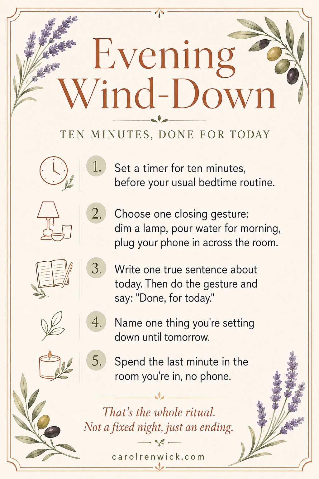 Evening Wind-Down — Ten Minutes, Done For Today. A printable five-step evening ritual card by Carol Renwick