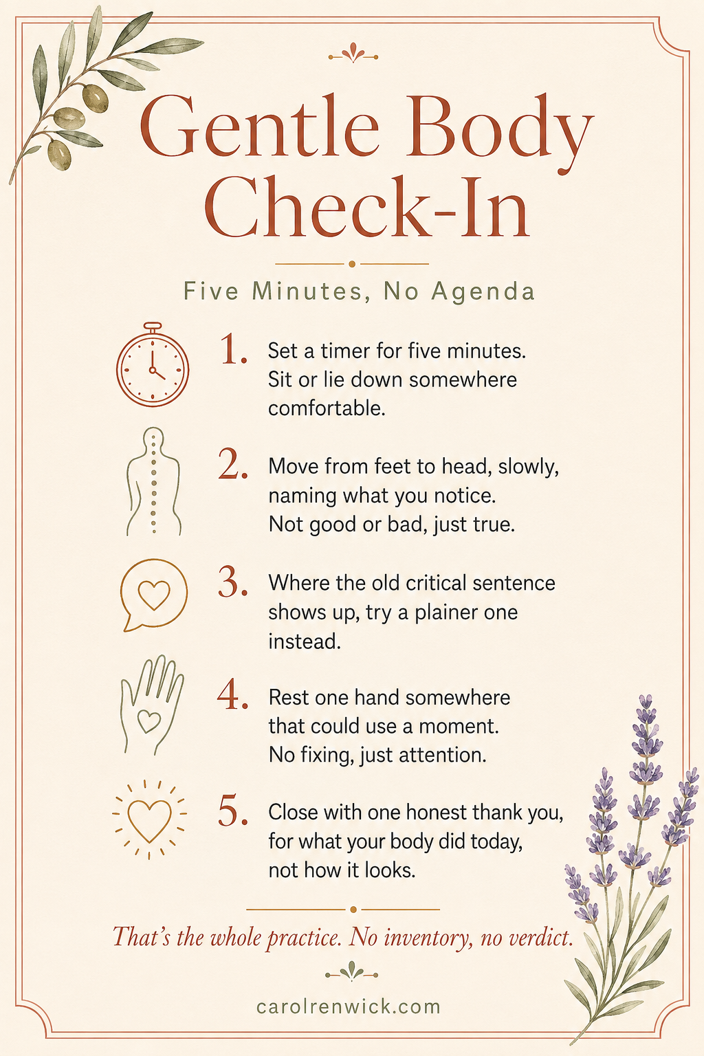 Gentle Body Check-In — Five Minutes, No Agenda. A printable five-step body presence card by Carol Renwick