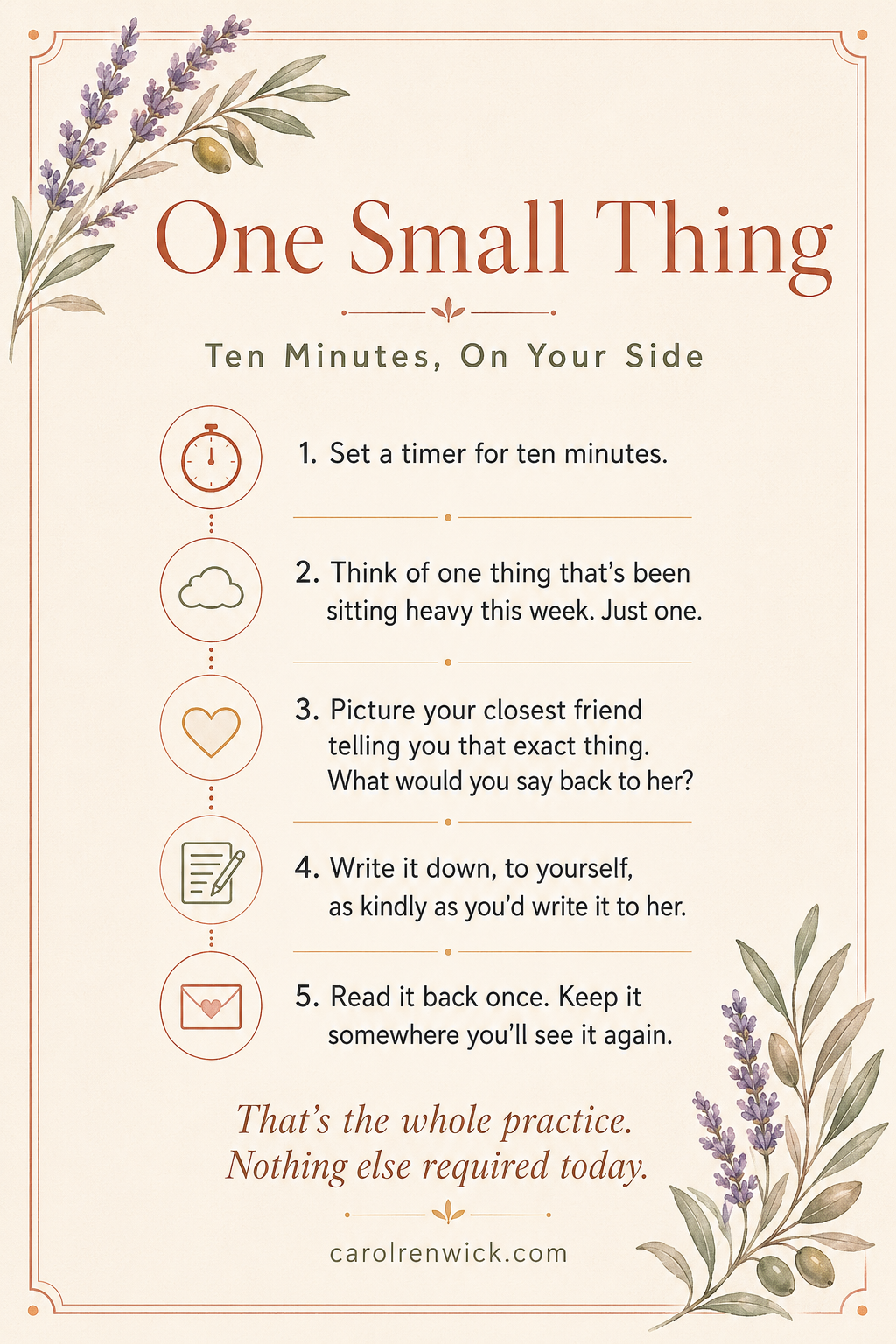 One Small Thing — Ten Minutes, On Your Side. A printable five-step self-compassion card by Carol Renwick