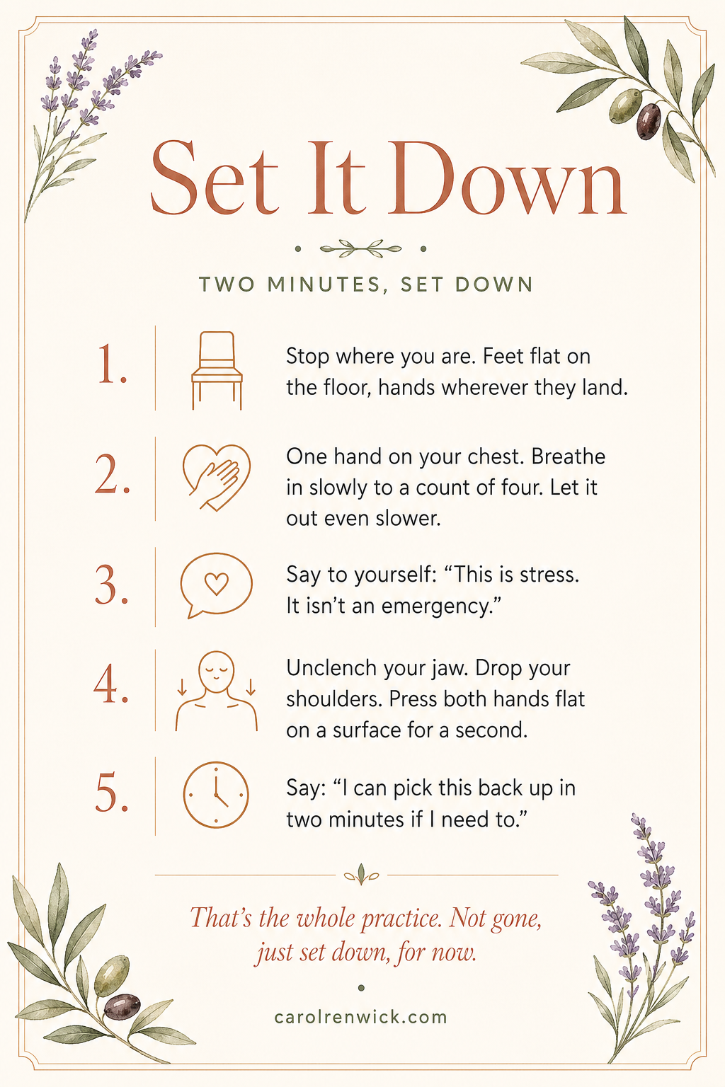 Set It Down — Two Minutes, Set Down. A printable five-step in-the-moment stress card by Carol Renwick