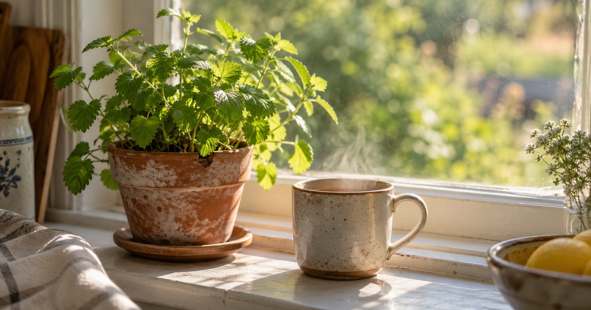 A pot of lemon balm and a steaming mug on a kitchen windowsill