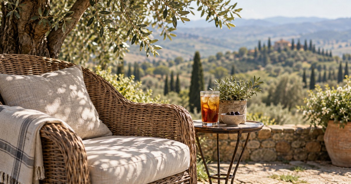 An empty wicker chair in the shade of an olive tree