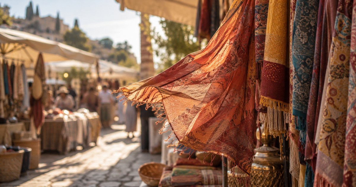 Colorful scarves hanging at a Saturday market stall