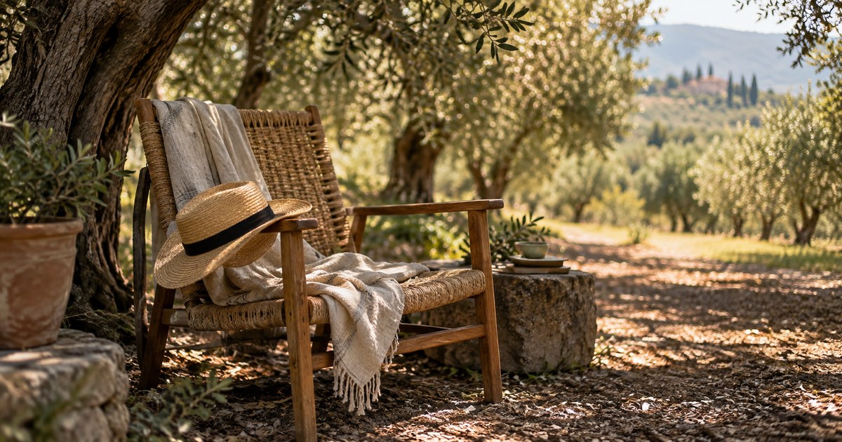 A garden chair in the shade of an olive grove