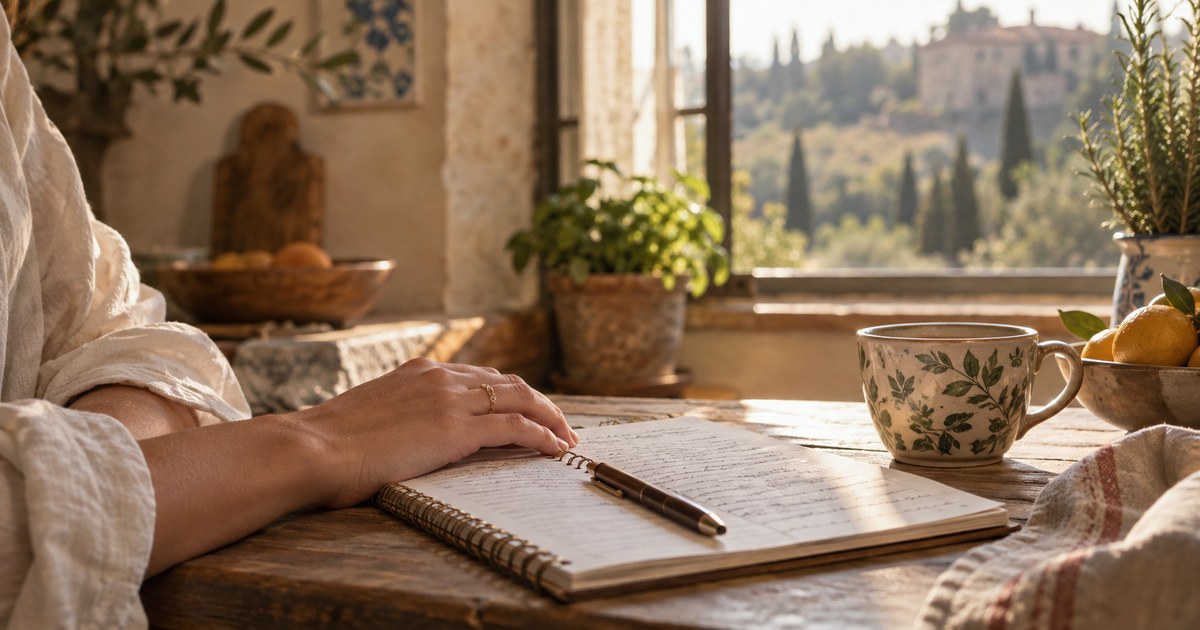 A notebook and pen on a sunlit kitchen table