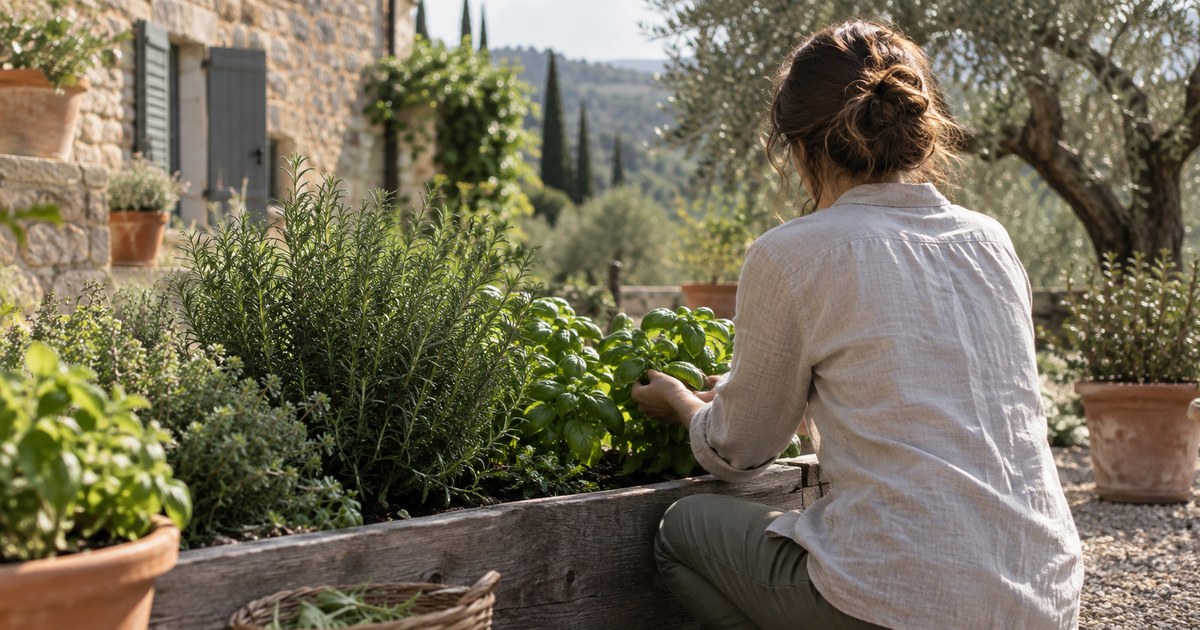 A woman tending a herb garden bed, seen from behind