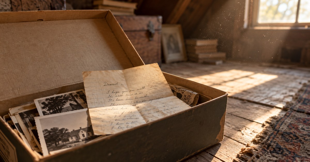 An open shoebox with an old handwritten list inside