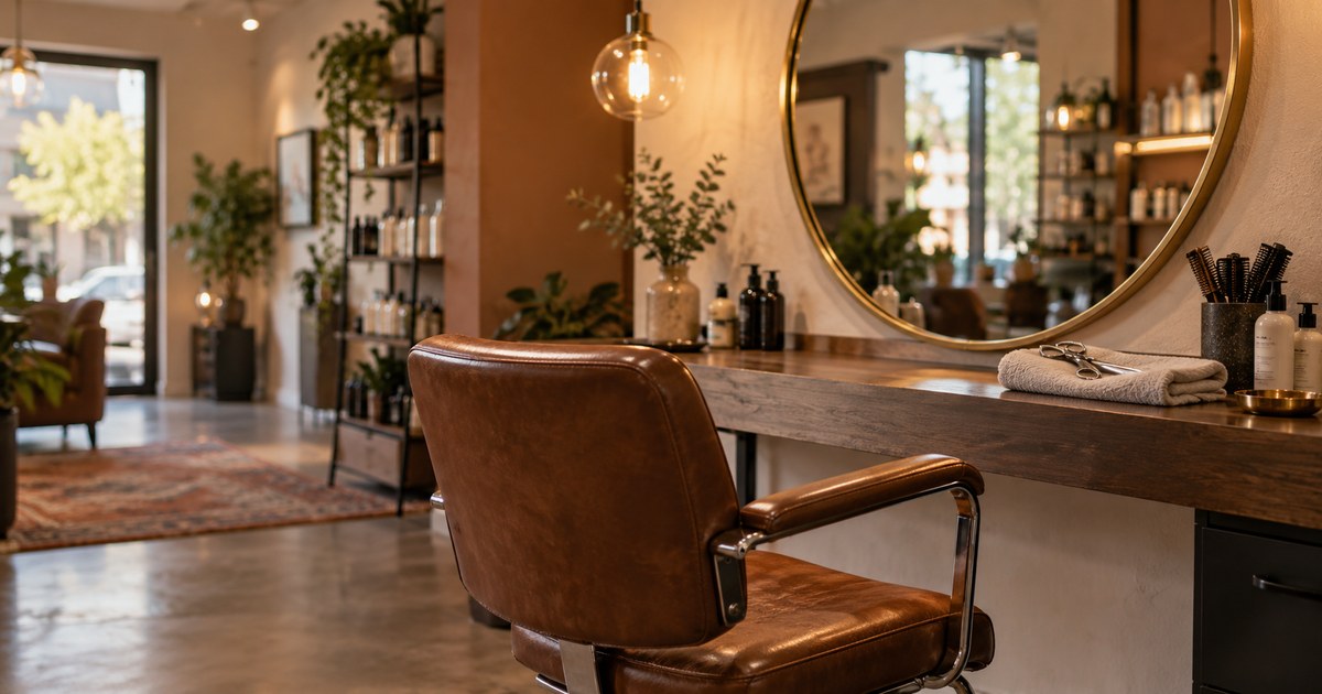 An empty hair salon styling chair in late-afternoon light