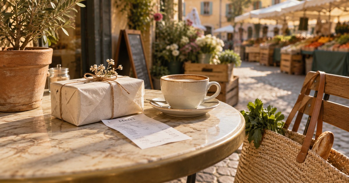 A small wrapped gift and a receipt on a cafe table