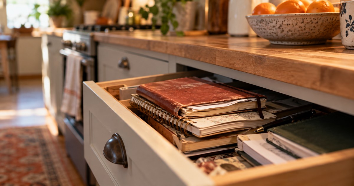 A kitchen drawer full of half-used planners