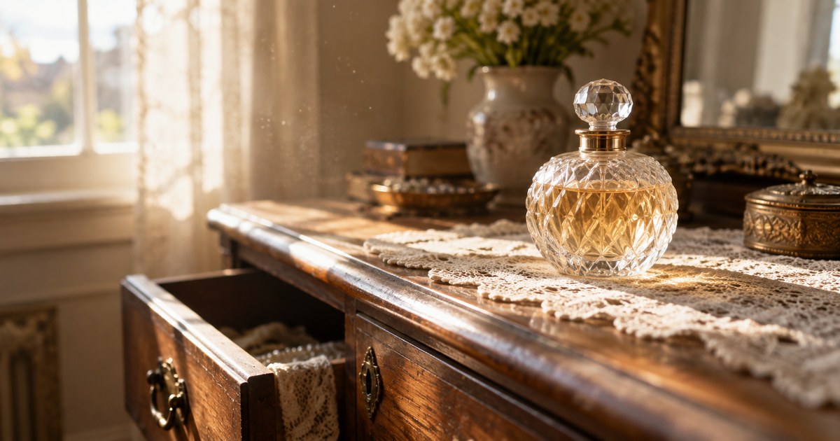 A perfume bottle catching afternoon light on an old dresser