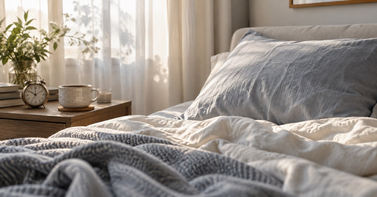 A softly rumpled bed in morning light