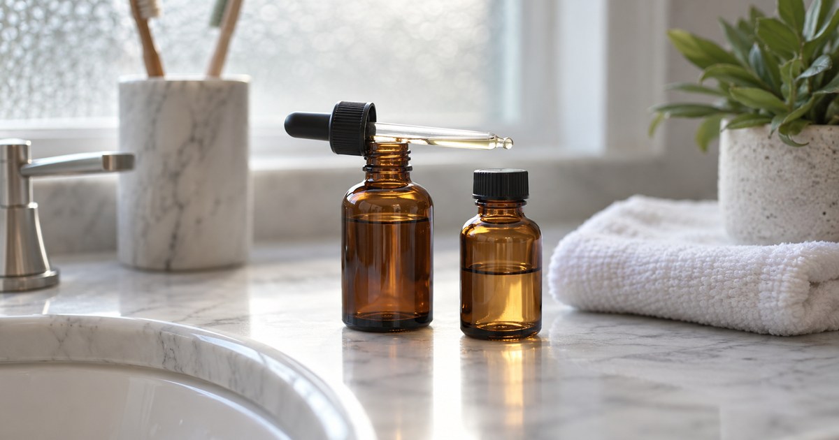 Two small amber skincare bottles on a marble counter
