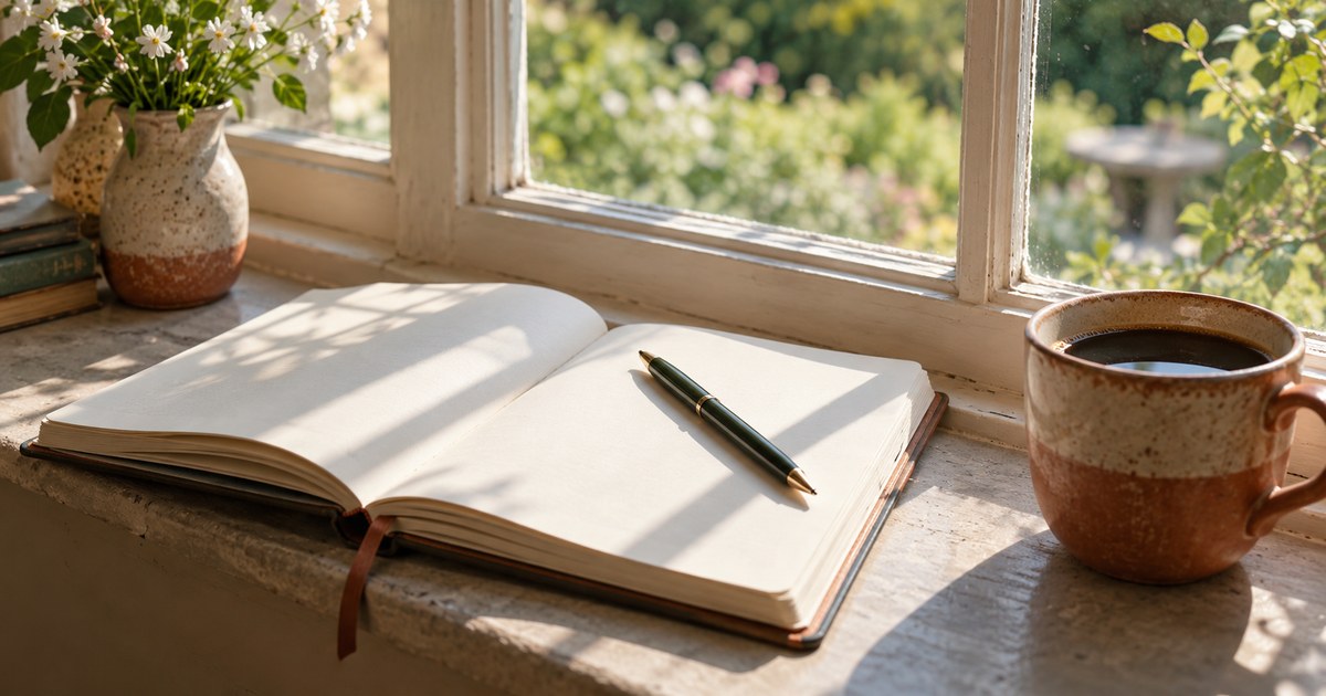 An open journal on a sunlit windowsill